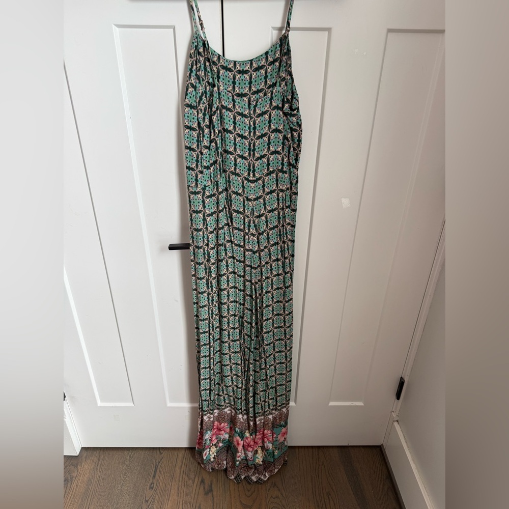 Farm Rio Honolulu Wide Leg Pant Jumpsuit with green and white geometric print. S - Picture 6 of 8